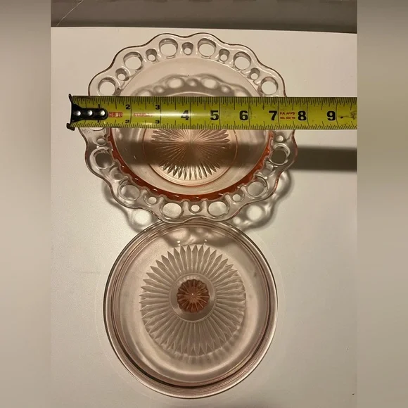 Vintage Pink Glass Dish Depression Glass Ribbed Lid w/Lace